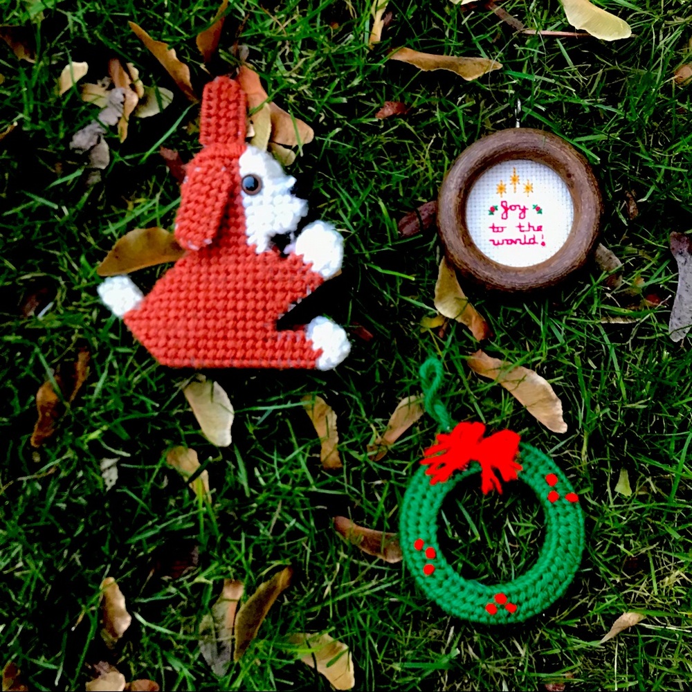 Vintage Handmade bunny, wreath, and cross-stitch ornament set